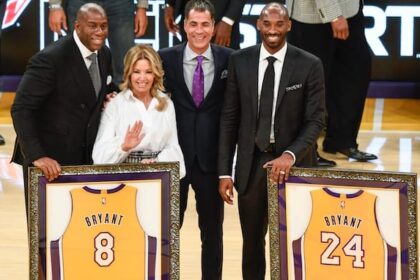 Kobe Bryant, Jeanie Buss, Magic Johnson, Rob Pelinka, Lakers