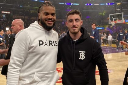 Los Angeles Dodgers teammates Cody Bellinger and Kenley Jansen watch a Los Angeles Lakers game at Staples Center