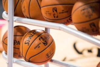 Basketballs, rack