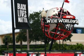ESPN World Wide of Sports Complex logo, Black Lives Matter banner, NBA restart