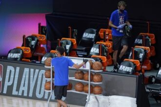Basketballs, ball rack, cleaning bench, 2020 NBA Playoffs