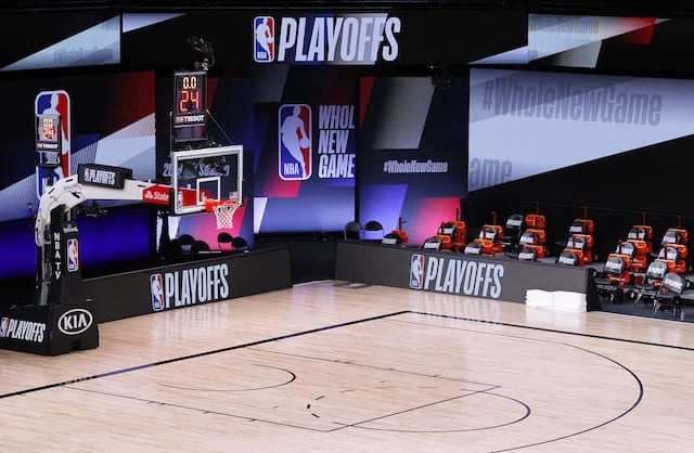 Court view, empty bench, 2020 NBA Playoffs