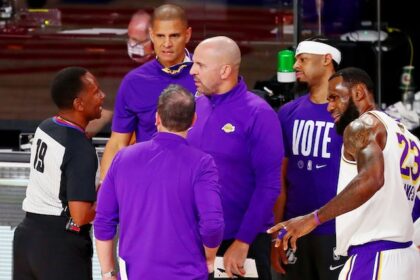 Quinn Cook, LeBron James, Jason Kidd, Miles Simon, Frank Vogel, referee