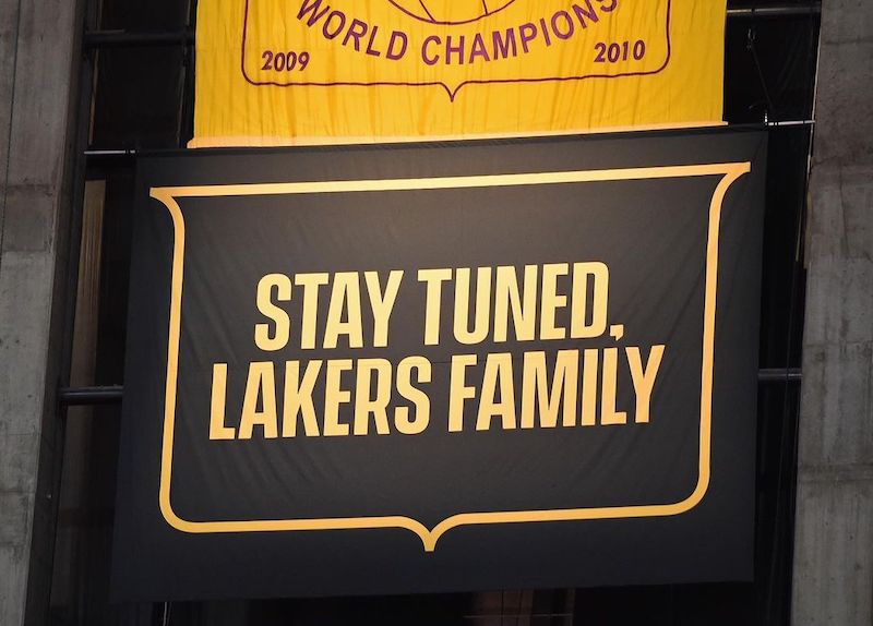 2020 Lakers championship banner covered