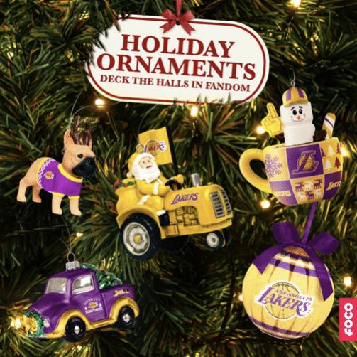 Lakers Christmas tree ornaments, FOCO