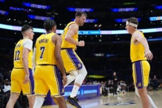 Luka Doncic, Austin Reaves, Gabe Vincent, Jake LaRavia, Lakers