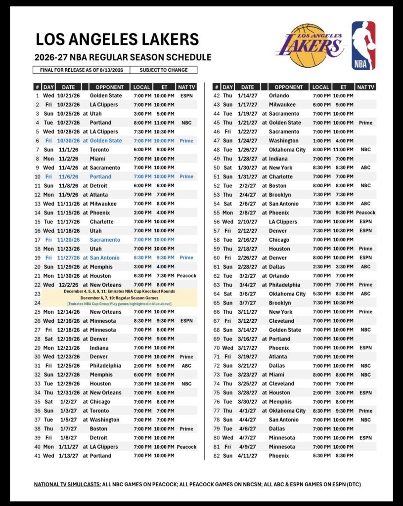 2026 27 Lakers schedule 2026 27 Lakers schedule